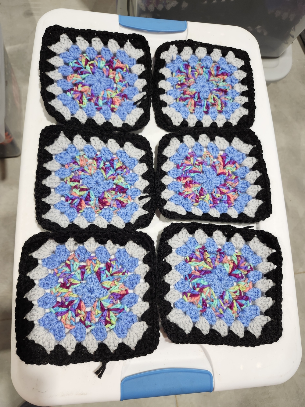 Handmade Crochet Granny Squares - Multicolor Center Blue, Gray & Black 6pc #7/8